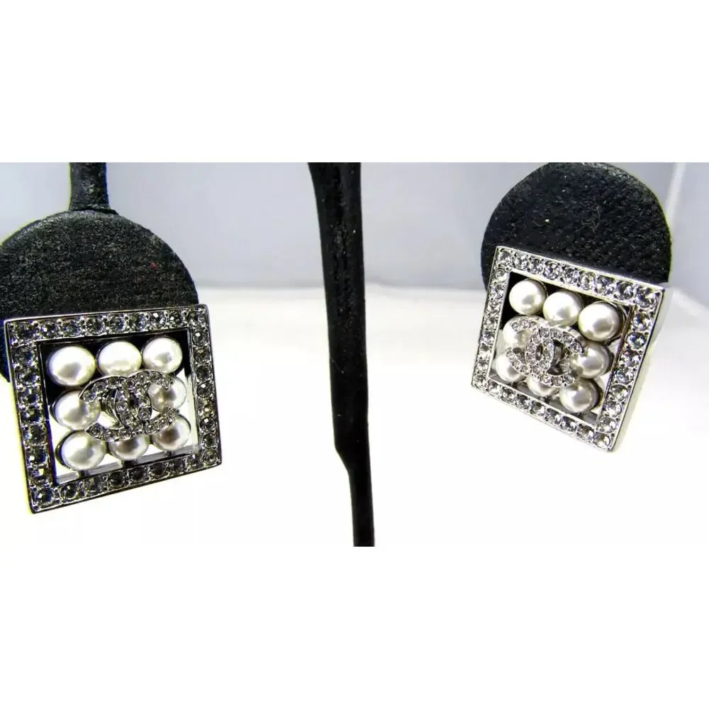 CHANEL 24P Crystal Glass Pearl CC Logo Silver Square Stud Earrings